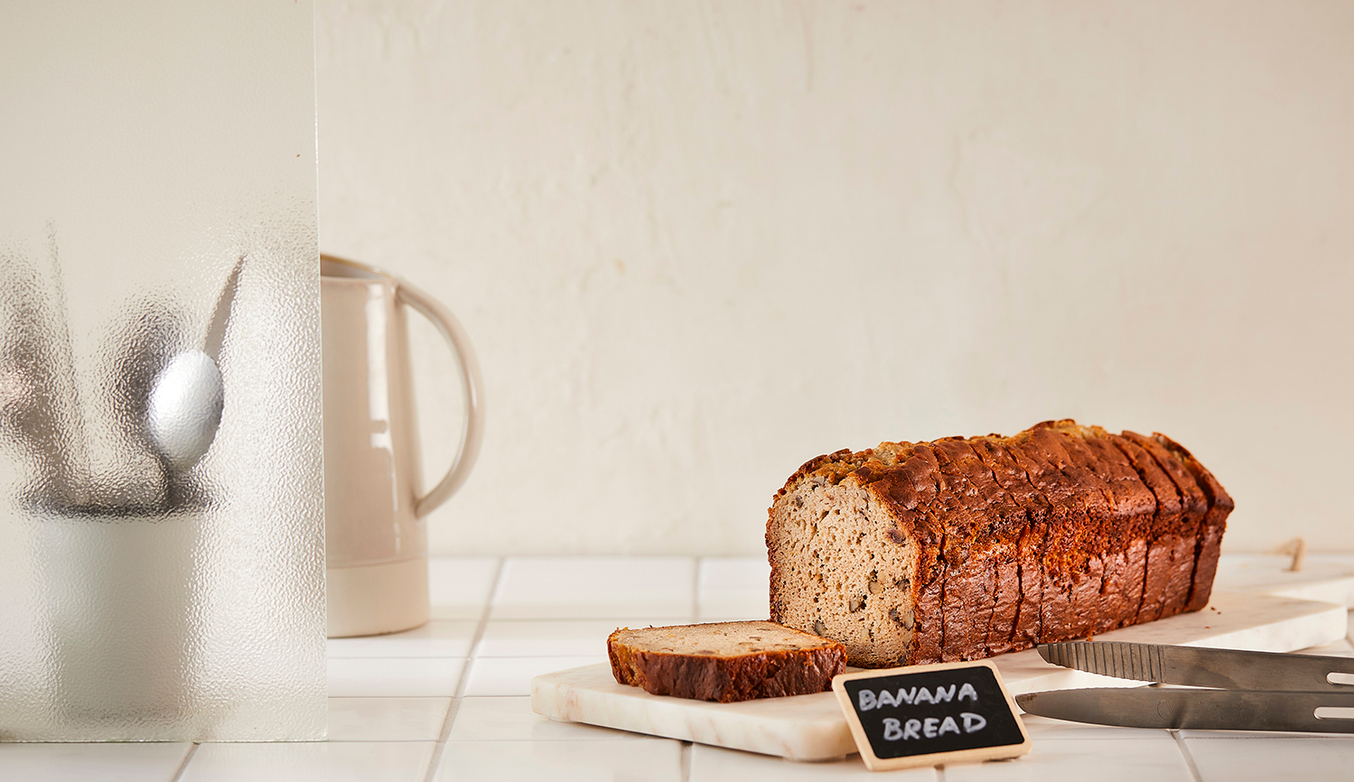 Banana bread with walnuts pre-sliced